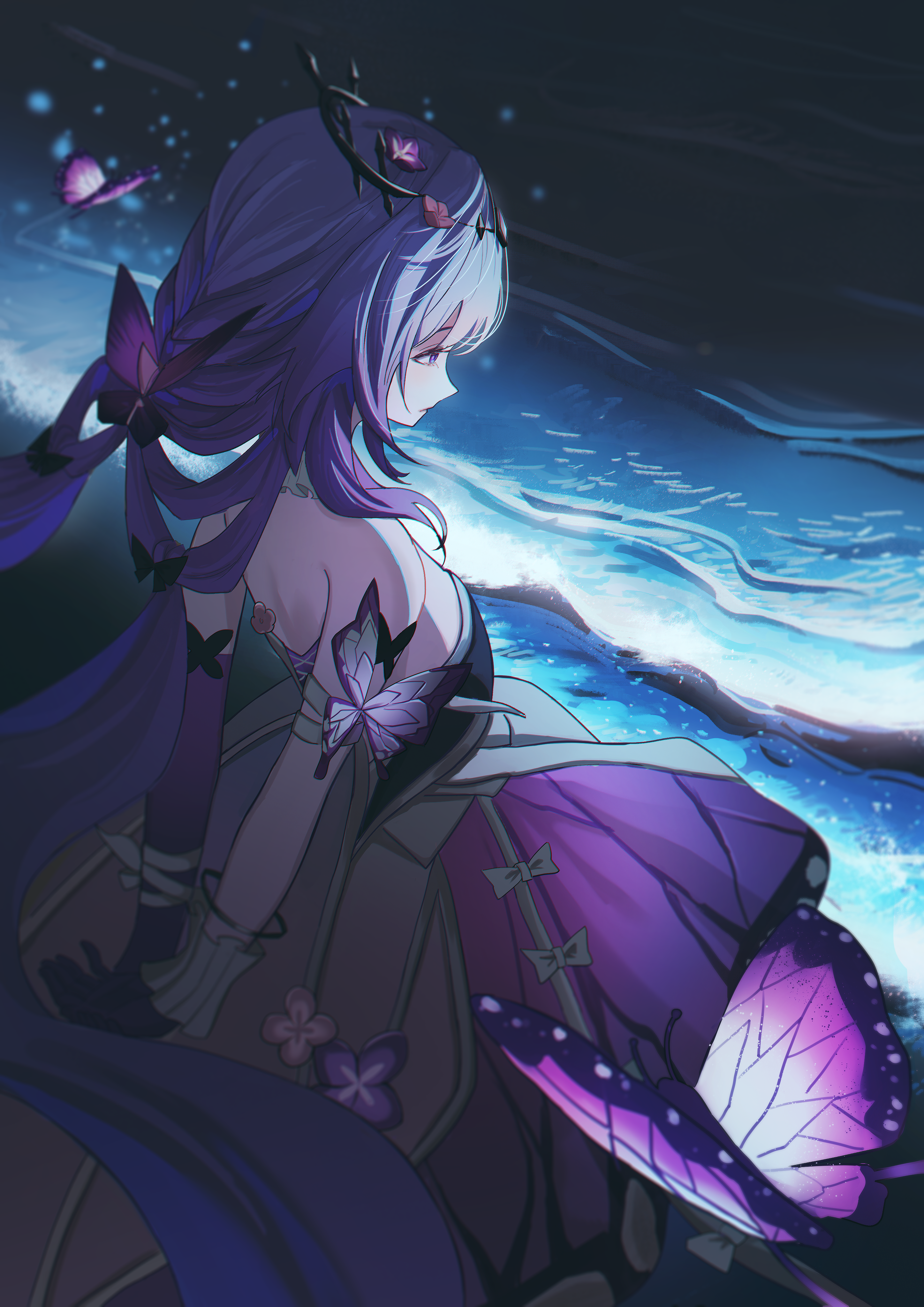 chujiuo, castorice (honkai: star rail), honkai: star rail, honkai (series), absurdres, highres, 1girl, arm ribbon, arms behind back, beach, braid, bug, butterfly, closed mouth, dress, flower, hair ornament, insect, long hair, night, outdoors, purple butterfly, purple dress, purple eyes, purple flower, purple hair, ribbon, single braid, solo, strapless, strapless dress, very long hair, white ribbon