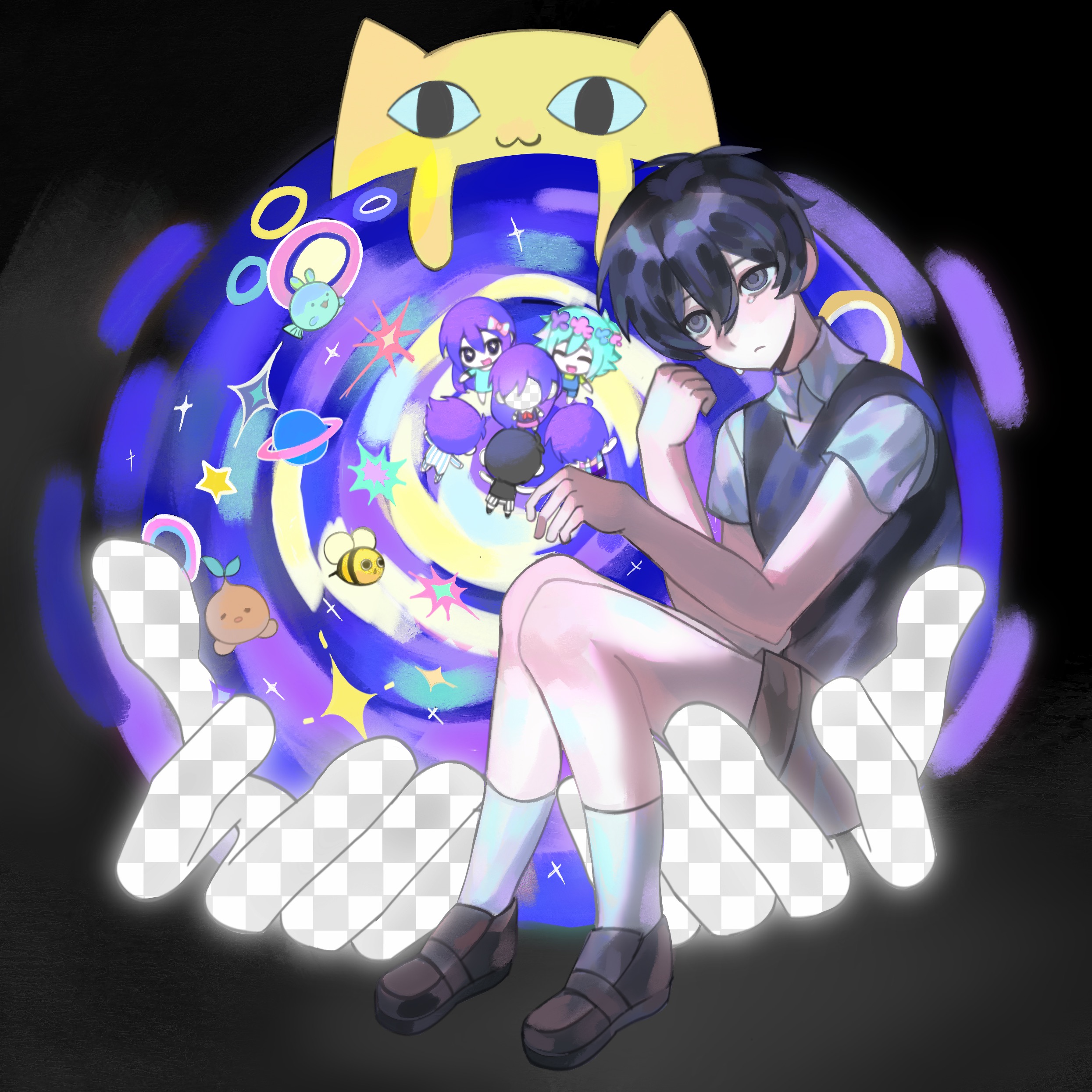 aubrey (headspace) (omori), aubrey (omori), basil (headspace) (omori), basil (omori), big yellow cat (omori), hero (headspace) (omori), hero (omori), kel (headspace) (omori), kel (omori), mari (headspace) (omori), mari (omori), omori (omori), sprout mole, sunny (omori), omori, absurdres, chinese commentary, commentary request, highres, 1other, 2girls, 5boys, :3, :d, ^ ^, animal, antenna hair, aqua hair, bangbang95261, black background, black eyes, black hair, black shoes, black sweater vest, blue dress, blue flower, blue overalls, bow, bright pupils, brother and sister, brothers, brown shorts, carrying, carrying person, cat, checkered clothes, checkered shirt, chibi, closed eyes, closed mouth, collared shirt, double-parted bangs, dress, dual persona, empty eyes, fish bunny (omori), flower, flower wreath, frown, full body, glowing, green shirt, hair between eyes, hair bow, hands up, head wreath, kneehighs, knees together feet apart, knees up, looking ahead, looking at viewer, looking up, multiple boys, multiple girls, open mouth, overall shorts, overalls, pink bow, pink flower, purple flower, purple hair, saturn (planet), shirt, shoes, short dress, short hair, short sleeves, shorts, siblings, simple background, sitting, smile, socks, solo focus, sparkle, spelling bee (omori), star (symbol), sweater vest, tearing up, white pupils, white shirt, white socks
