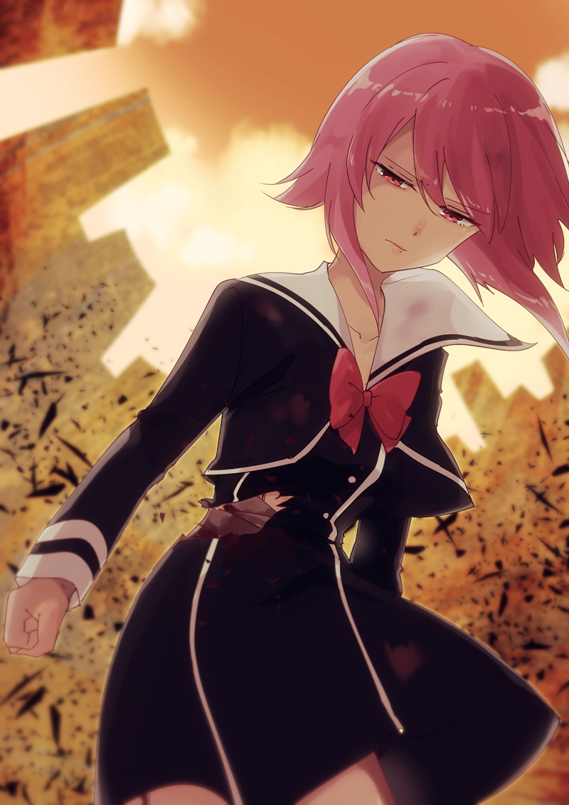 rimorimo, onoe serika, chaos;child, science adventure, 1girl, black dress, blurry, blurry background, bow, breasts, closed mouth, cowboy shot, dress, duct tape, duct tape bandage, hair between eyes, hekiho academy school uniform, injury, long sleeves, looking at viewer, medium breasts, pink hair, sailor collar, school uniform, short hair, solo, standing, thighs, torn clothes