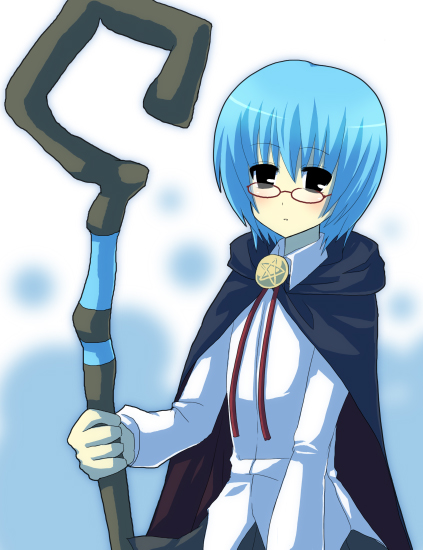 tabitha (zero no tsukaima), zero no tsukaima, artist request, non-web source, 00s, 1girl, blue eyes, blue hair, cape, female focus, glasses, matching hair/eyes, pentacle, short hair, solo, staff