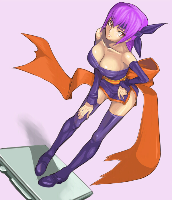 ibanen, ayane (doa), dead or alive, tecmo, bad id, bad pixiv id, 1girl, bare shoulders, boots, breasts, cleavage, detached sleeves, female focus, headband, large breasts, legs, purple boots, purple hair, short hair, solo, thighhighs