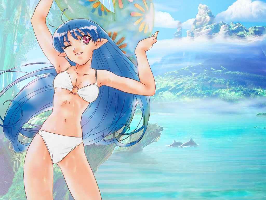 lafiel, seikai no senki, jpeg artifacts, non-web source, 1girl, bikini, blue hair, breasts, female focus, innertube, landscape, long hair, nature, outdoors, plant, pointy ears, red eyes, scenery, sky, solo, swim ring, swimsuit, white bikini