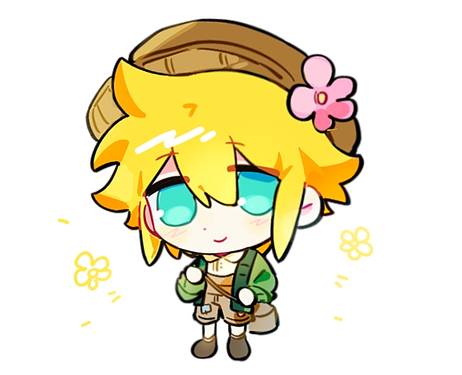 gongs0313, basil (birthday) (omori), basil (faraway) (omori), basil (omori), omori, commentary, 1boy, aqua eyes, bag, blonde hair, brown bag, brown hat, brown overalls, brown shoes, cardigan, chibi, chibi only, closed mouth, collared shirt, dot nose, double-parted bangs, flower, full body, green cardigan, hair between eyes, hat, hat flower, long sleeves, looking at viewer, male focus, newsboy cap, no pupils, official alternate costume, open cardigan, open clothes, overall shorts, overalls, pink flower, puffy long sleeves, puffy sleeves, shirt, shoes, short hair, shoulder bag, simple background, smile, solo, standing, white background, white shirt