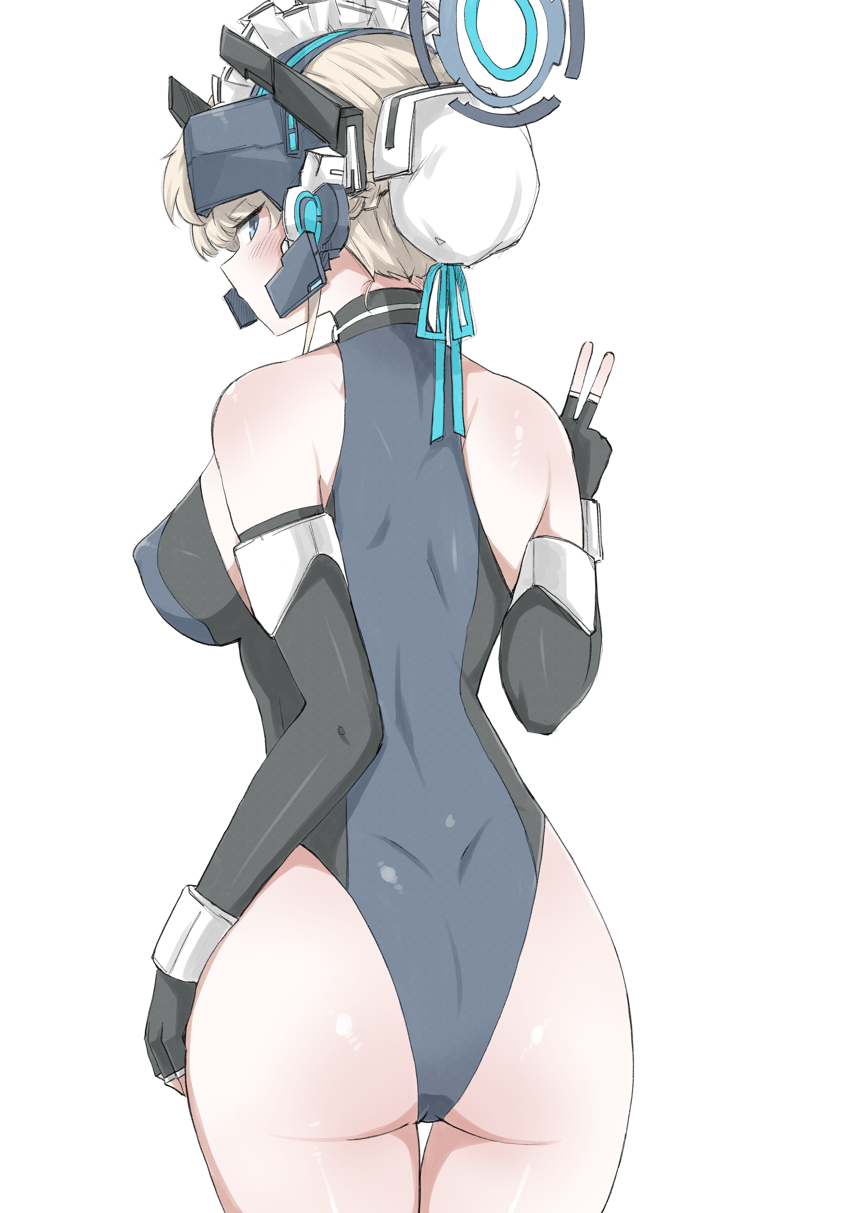nanashi (pixiv 98920795), toki (blue archive), blue archive, absurdres, highres, 1girl, ass, blonde hair, blue eyes, breasts, halo, leotard, looking at viewer, medium breasts, medium hair, simple background, solo, standing, v, white background
