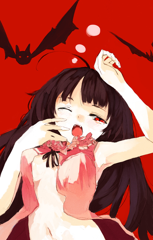 shunsei (muratou), bad id, bad pixiv id, bat (animal), breasts, fang, fangs, large breasts, long hair, open clothes, open shirt, ribbon, shirt, solo, tears