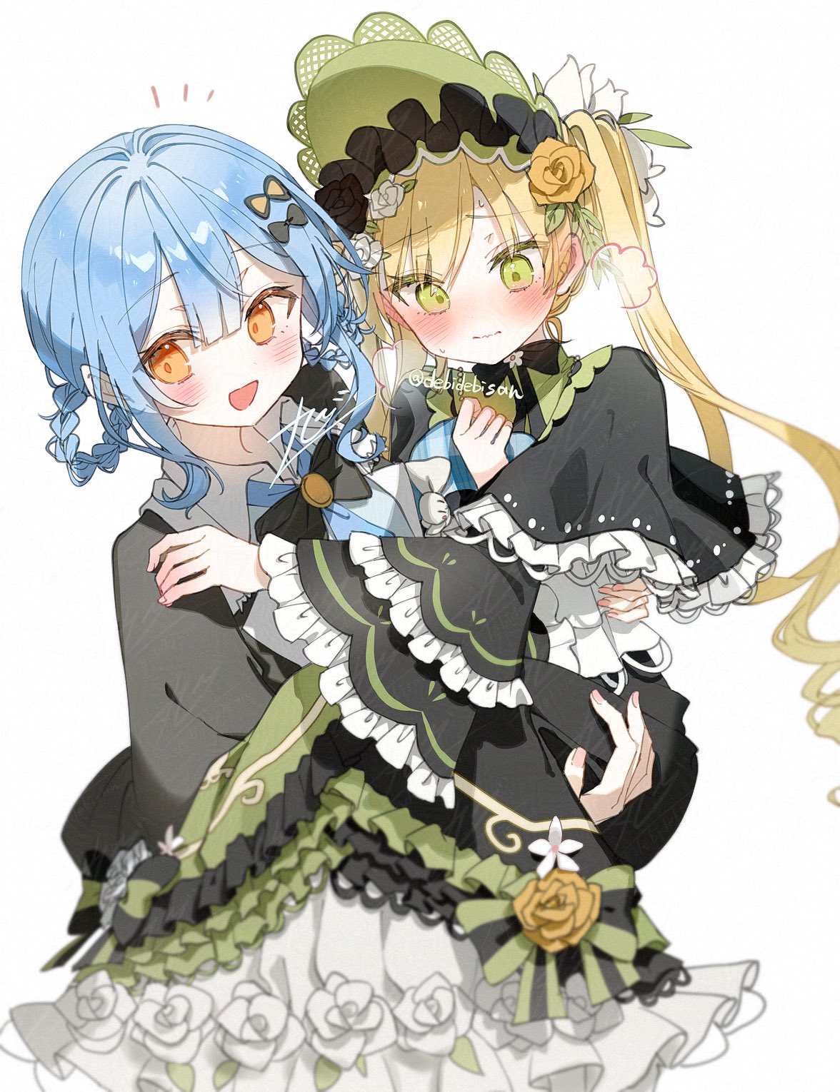 chibirisu, tachibana sherry, toono hanna, mahou shoujo no majo saiban, highres, black capelet, black flower, black rose, blonde hair, blue hair, blue necktie, bonnet, braid, braided hair rings, capelet, carrying, carrying person, closed mouth, dress, embarrassed, flower, flower-trimmed dress, frilled bonnet, frilled dress, frills, green eyes, hair rings, lolita fashion, long hair, magical girl, necktie, open mouth, orange eyes, rose, short hair, simple background, smile, too many, too many frills, twintails, very long hair, white background, white flower, white rose, yellow flower, yellow rose, yuri