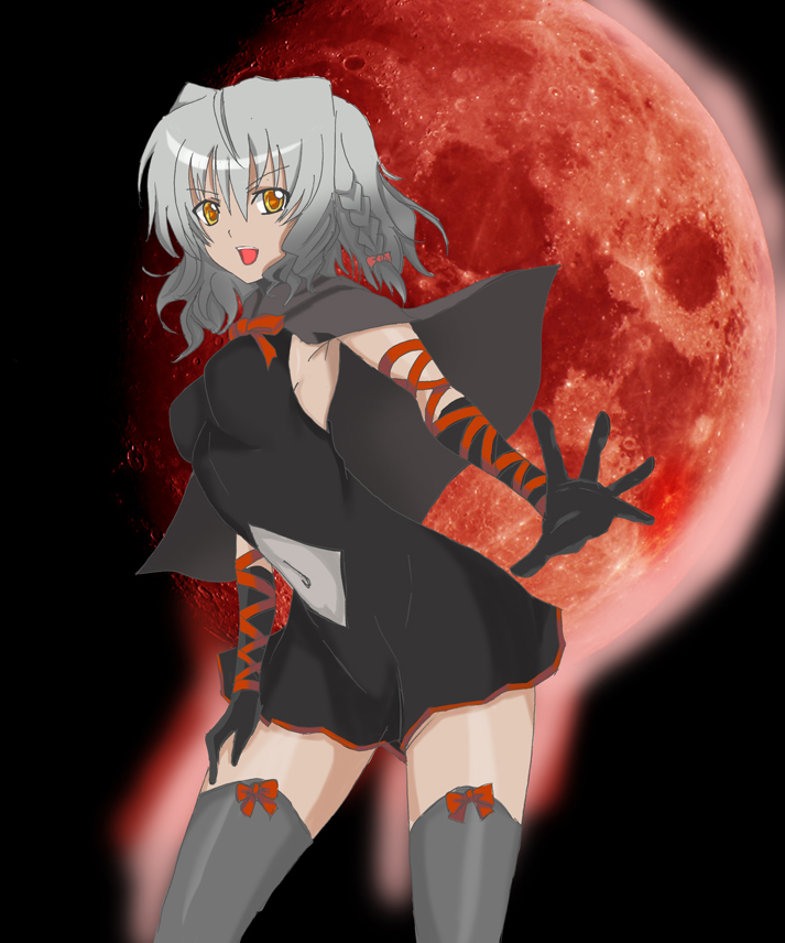 baron (nsbaron), baron, bell zephyr, night wizard, silver hair, 00s, 1girl, female focus, moon, red moon, ribbon, socks, solo, thighhighs