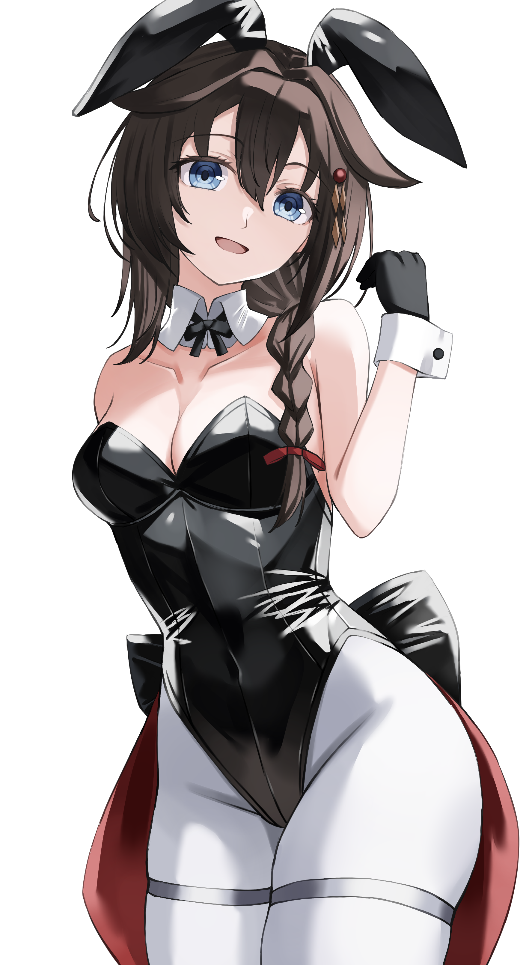 beisaku bei, shigure (kancolle), shigure kai ni (kancolle), kantai collection, absurdres, commentary request, highres, 1girl, alternate costume, animal ear hairband, animal ears, bare shoulders, black bow, black bowtie, black gloves, black leotard, blue eyes, blush, bow, bowtie, braid, breasts, brown hair, cleavage, closed mouth, detached collar, fake animal ears, gloves, hair between eyes, hair intakes, hairband, hand up, leotard, long hair, looking at viewer, medium breasts, pantyhose, playboy bunny, rabbit ear hairband, rabbit ears, simple background, single braid, smile, solo, strapless, strapless leotard, white background, white pantyhose, white wrist cuffs, wrist cuffs