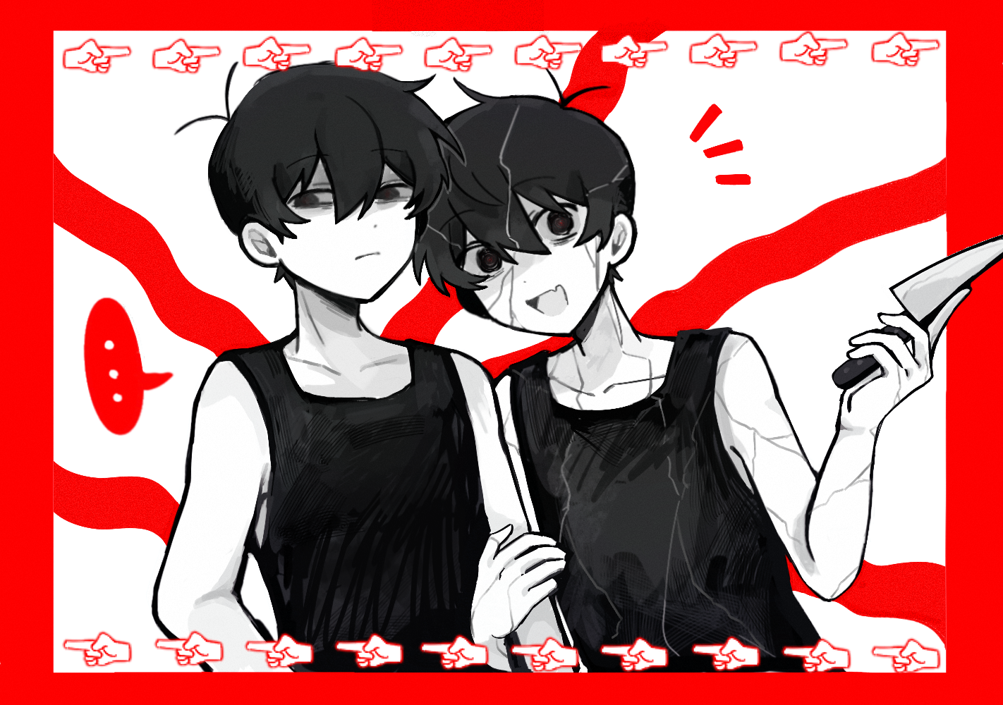 gongs0313, omori (omori), shattered omori (omori), omori, chinese commentary, commentary request, …, 2boys, :d, antenna hair, bags under eyes, bare arms, bare shoulders, black tank top, border, closed mouth, colored skin, cracked skin, double-parted bangs, dual persona, expressionless, hair behind ear, hair between eyes, holding, holding knife, knife, looking at viewer, male focus, multiple boys, notice lines, open mouth, red border, sideways glance, simple background, smile, spoken ellipsis, spot color, tank top, upper body, white background, white skin, wide-eyed