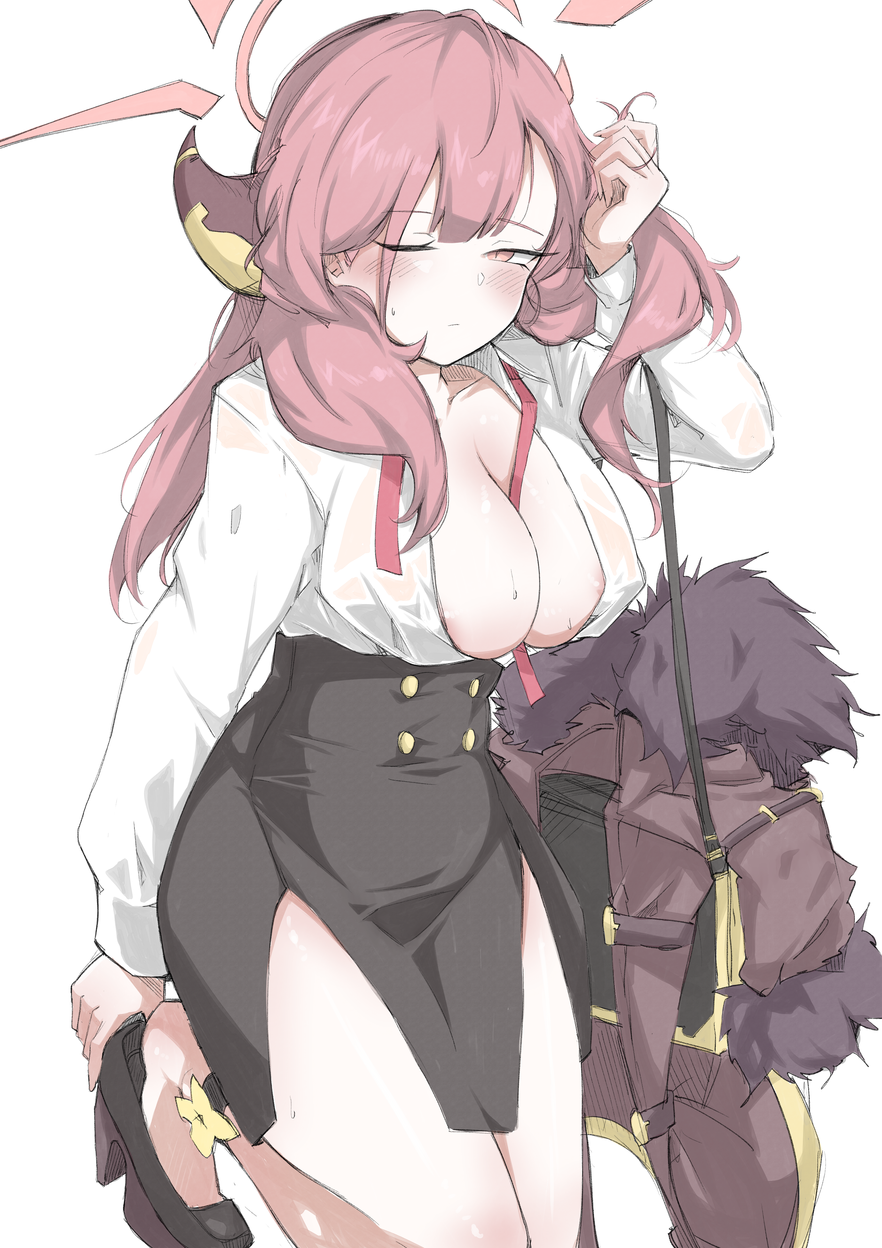 nanashi (pixiv 98920795), aru (blue archive), blue archive, absurdres, highres, 1girl, black skirt, demon girl, demon horns, halo, horns, long hair, looking at viewer, orange eyes, red hair, simple background, skirt, solo, white background