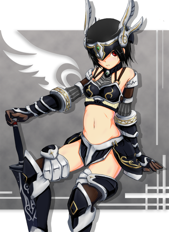 crost, kurosuto, azurai (lucent heart), lucent heart, bad id, bad pixiv id, 1girl, arm behind back, armor, bare shoulders, bikini armor, black gloves, black hair, black thighhighs, bracer, breastplate, breasts, crop top, fantasy, faulds, female focus, gem, gloves, greaves, grey background, halterneck, hand on hilt, helm, helmet, holding, holding weapon, jewelry, looking at viewer, midriff, miniskirt, navel, neck ring, o-ring, o-ring top, outstretched arm, red eyes, shadow, short hair, side slit, simple background, sitting, skirt, small breasts, solo, sword, thighhighs, vambraces, weapon, winged helmet, zettai ryouiki