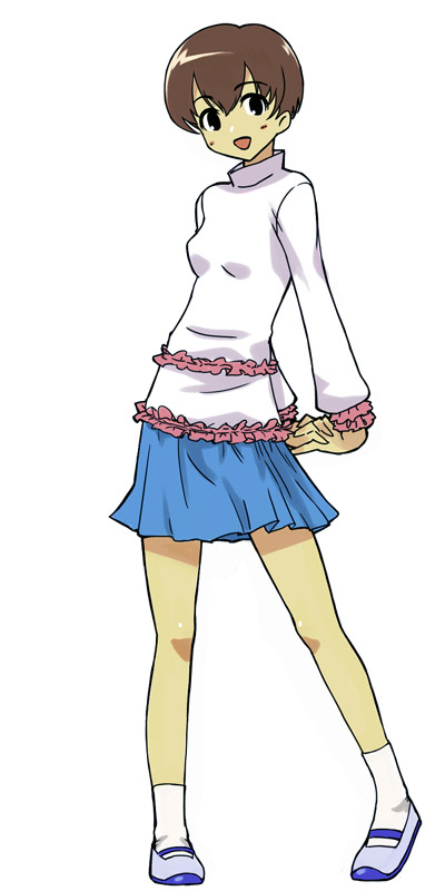 michael f91, original, long image, tall image, 1girl, arms behind back, breasts, brown hair, female focus, flat chest, legs, short hair, skirt, small breasts, smile, solo, standing, turtleneck