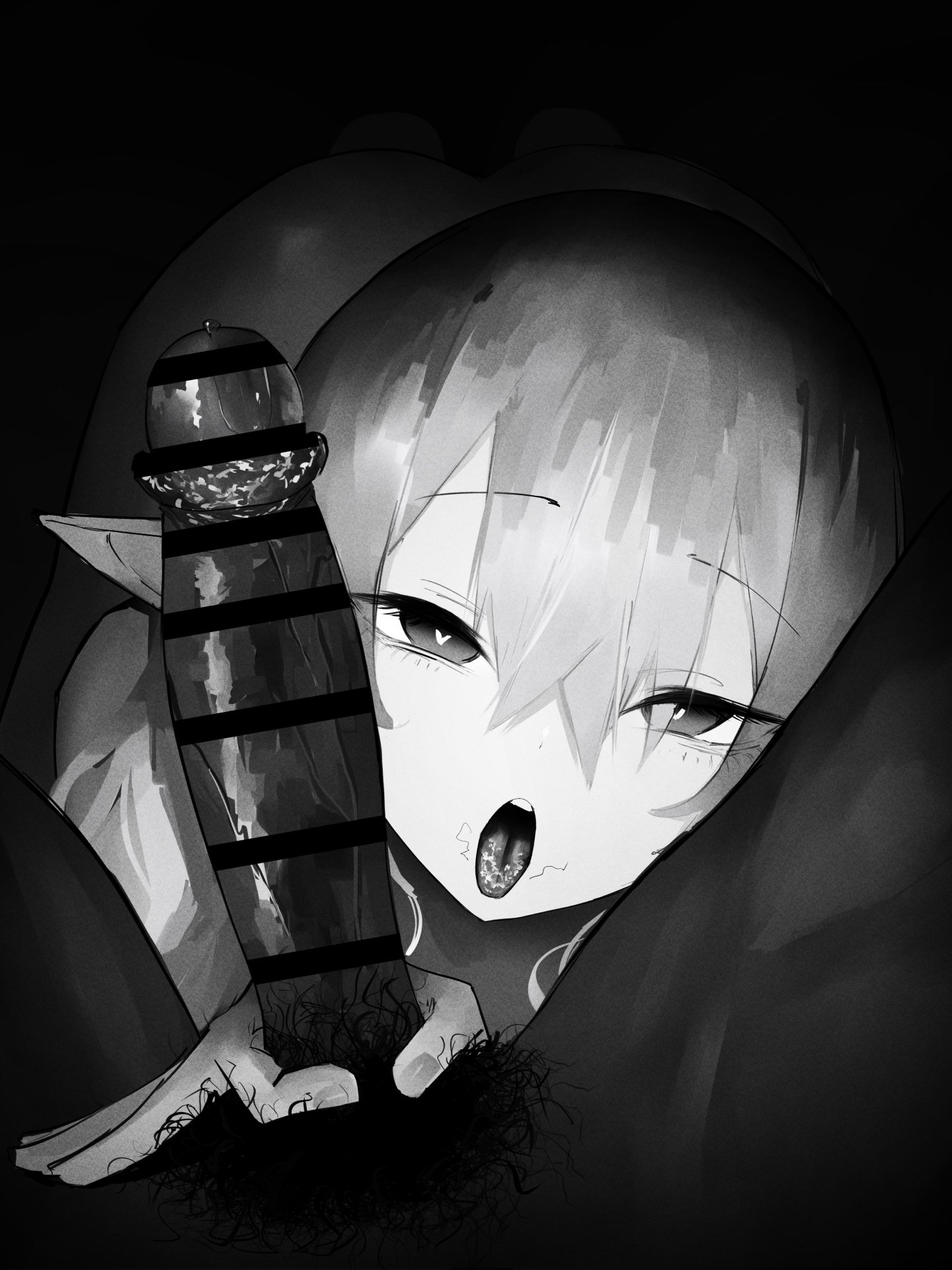 hazuki kazue, original, smegma in mouth, highres, 1boy, 1girl, bar censor, censored, dark-skinned male, dark skin, dot nose, elf, erection, eyelashes, greyscale, hair between eyes, handjob, heart, heart-shaped pupils, hetero, looking at viewer, male pubic hair, monochrome, narrowed eyes, open mouth, pointy ears, pov, pubic hair, raised eyebrows, smegma, stray pubic hair, symbol-shaped pupils, teeth, tongue, tongue out, upper teeth only