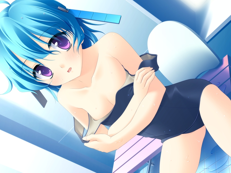 matsushita makako, rakko (makarakko), takaoka asagao, fairly life, game cg, non-web source, 1girl, bare shoulders, blue hair, blush, breasts, cleavage, clothes pull, collarbone, dutch angle, female focus, flat chest, one-piece swimsuit, one-piece swimsuit pull, purple eyes, school swimsuit, short hair, sitting, small breasts, solo, swimsuit, takaoka akagao, undressing, wet