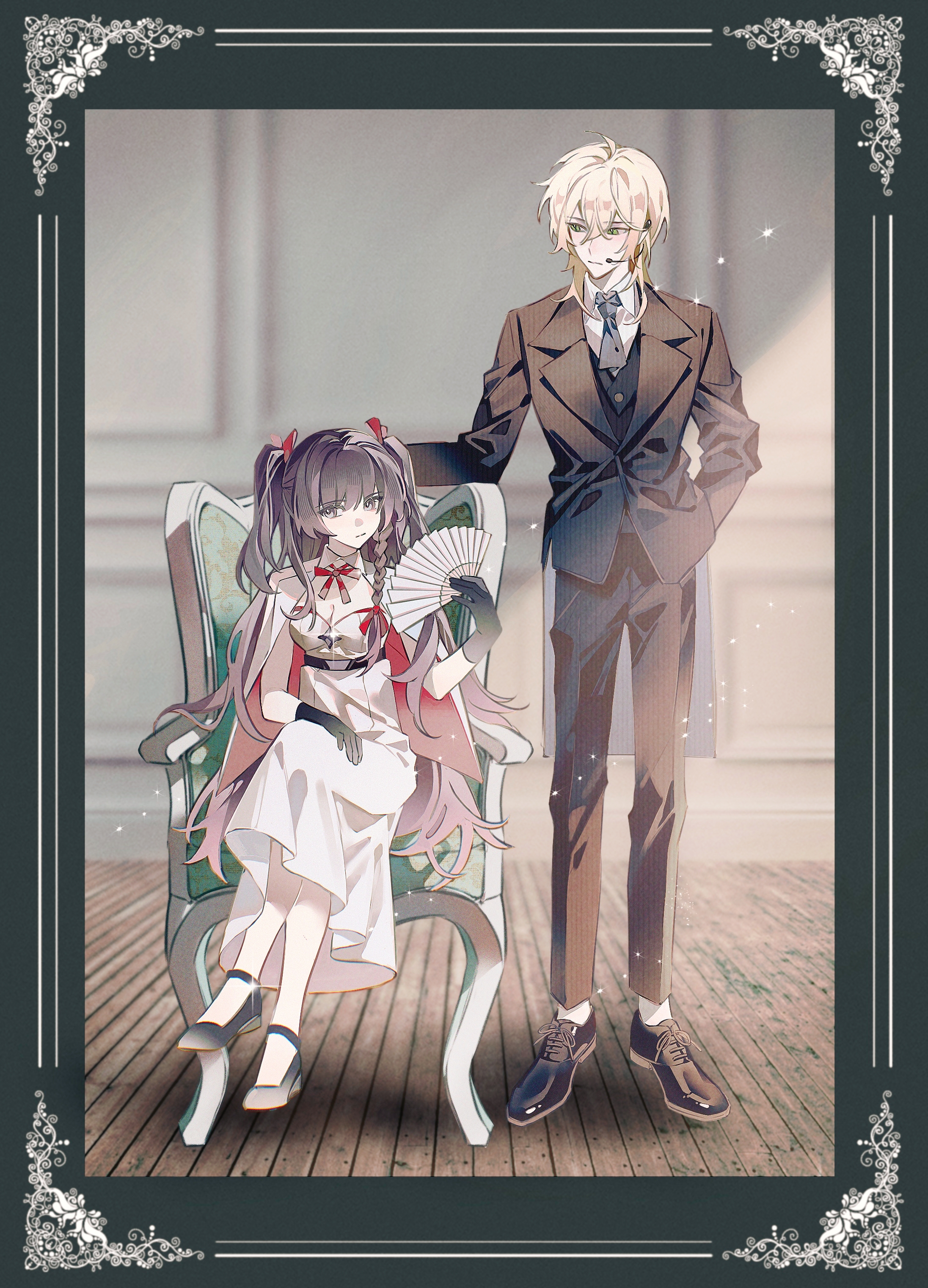 tengyuan bei ze, alkaid mcgrath, heroine (lovebrush chronicles), lovebrush chronicles, master and servant, absurdres, chinese commentary, commentary, highres, 1boy, 1girl, adapted costume, alternate costume, ankle strap, armchair, belt, black belt, black gloves, black hair, black shoes, black vest, blonde hair, blue necktie, border, braid, brooch, brown jacket, brown pants, brown suit, butler, chair, closed mouth, collared shirt, cross-laced shoes, crossed legs, detached collar, dress, earpiece, empire waist, expressionless, folding fan, formal clothes, full body, glint, gloves, green border, green eyes, hair between eyes, hair ribbon, hand fan, hand in pocket, hand on chair, hand on own thigh, hand up, holding, holding fan, indoors, jacket, jacket on shoulders, jewelry, lapels, light particles, long hair, long sleeves, looking at another, looking at viewer, medium dress, medium hair, neck ribbon, necktie, notched lapels, ornate border, pants, pinstripe jacket, pinstripe pants, pinstripe pattern, pinstripe suit, purple eyes, red jacket, red ribbon, ribbon, shirt, shoes, short necktie, side braid, sitting, standing, straight-on, strapless, strapless dress, striped clothes, striped jacket, striped pants, suit, suit jacket, two-sided fabric, two-sided jacket, two side up, vertical-striped clothes, vertical-striped jacket, vertical-striped pants, vest, wedge heels, white dress, white jacket, white shirt, wooden floor