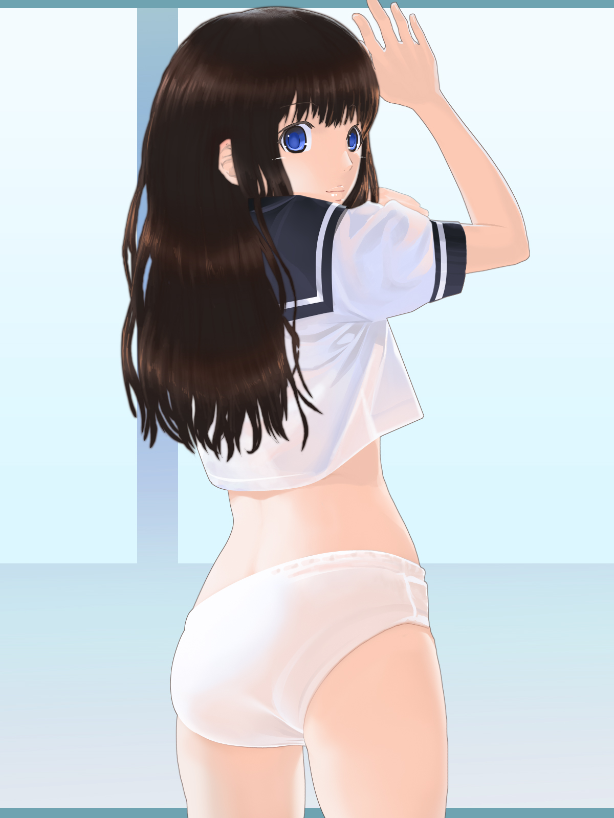 nakamura hayashi, original, highres, 1girl, against wall, ass, black hair, blue eyes, bottomless, brown hair, buruma, female focus, from behind, lips, long hair, looking back, panties, pantylines, school uniform, serafuku, smile, solo, underwear, white buruma