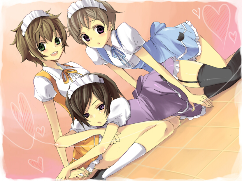 kl (dgzonbi), kururugi suzaku, luluko, rolo lamperouge, roloko, suzako, anna miller, code geass, gender request, 00s, 2boys, 3girls, alternate costume, black hair, blouse, blush, brown hair, crossdressing, enmaided, genderswap, green eyes, maid, multiple boys, multiple girls, panties, pantyshot, purple eyes, ribbon, shirt, thighhighs, trap, underwear, waitress