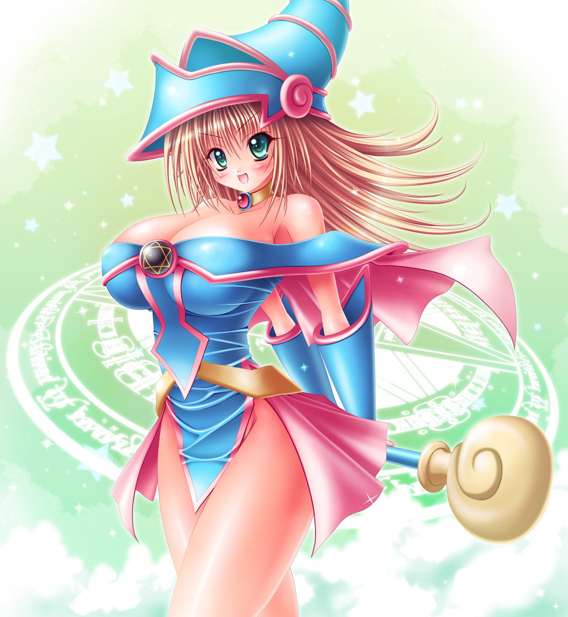 kogarashi (wind of winter), dark magician girl, yu-gi-oh!, yu-gi-oh! duel monsters, highres, 1girl, arms behind back, bare shoulders, blonde hair, blush, breasts, cleavage, curvy, detached sleeves, duel monster, female focus, green background, green eyes, hat, huge breasts, pentacle, solo, staff, witch hat, wizard hat