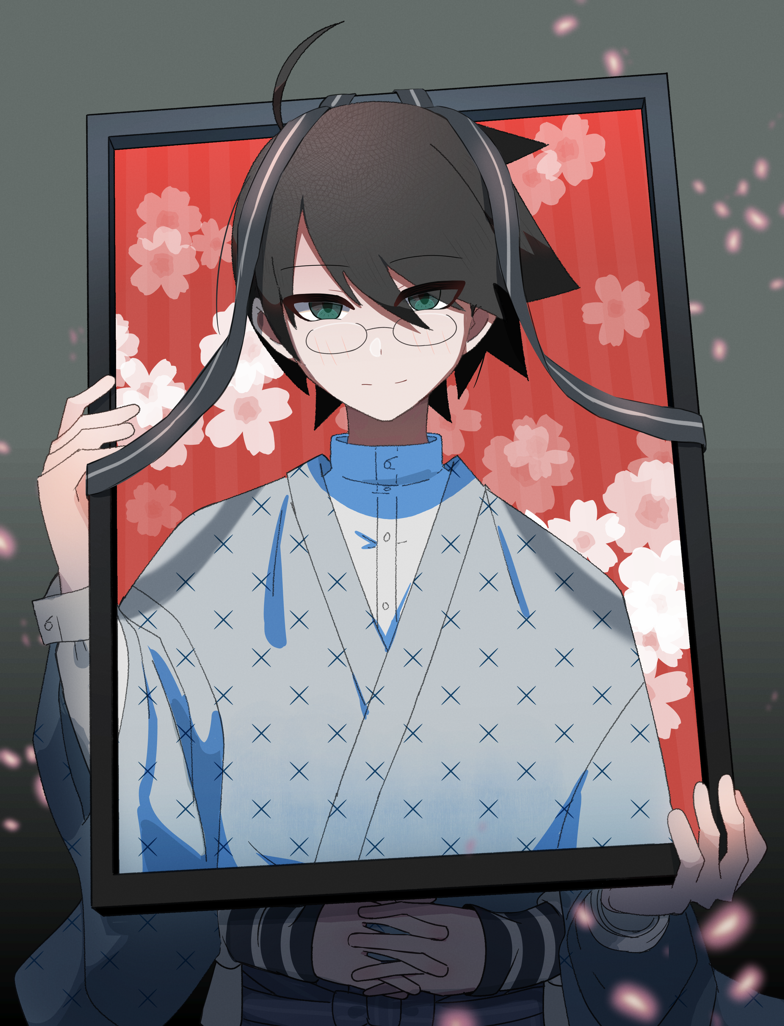 tomato ebichiri, itoshiki nozomu, sayonara zetsubou sensei, absurdres, commentary request, highres, 1boy, 1girl, ahoge, black hair, closed mouth, floral background, glasses, green eyes, grey background, hands on another's stomach, iei, japanese clothes, kimono, looking at viewer, male focus, red background, school uniform, serafuku, smile, teacher and student, upper body
