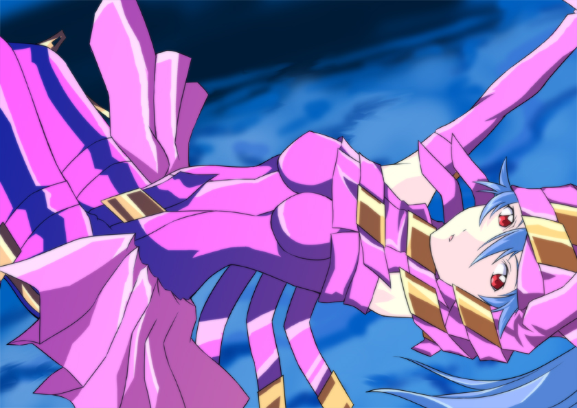 eihou (syou1022), neya, neya (mugen no ryvius), mugen no ryvius, bad id, bad pixiv id, 1girl, armpits, arms up, blue hair, bodysuit, buckle, elbow gloves, female focus, gloves, hat, lying, on back, open mouth, red eyes, short hair, skirt, solo, strap