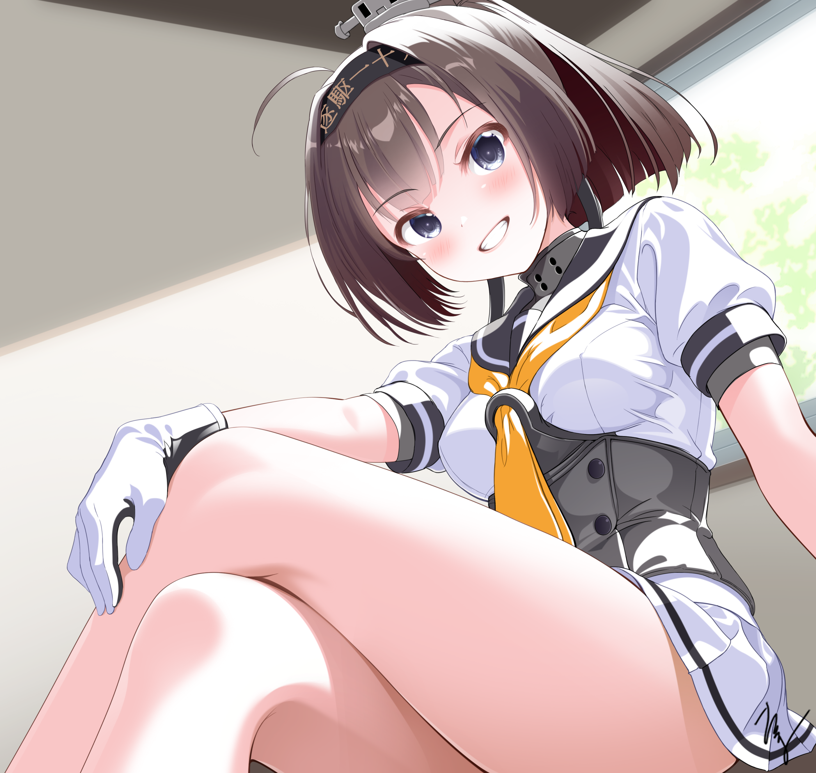 takuma (takumo7121), akizuki (kancolle), kantai collection, absurdres, highres, 1girl, black gloves, black hair, black headband, black sailor collar, breasts, clothes writing, corset, gloves, grey eyes, hachimaki, headband, indoors, looking at viewer, medium breasts, miniskirt, neckerchief, orange neckerchief, pleated skirt, ponytail, sailor collar, short sleeves, sitting, skirt, smile, solo, two-tone gloves, white gloves, white skirt