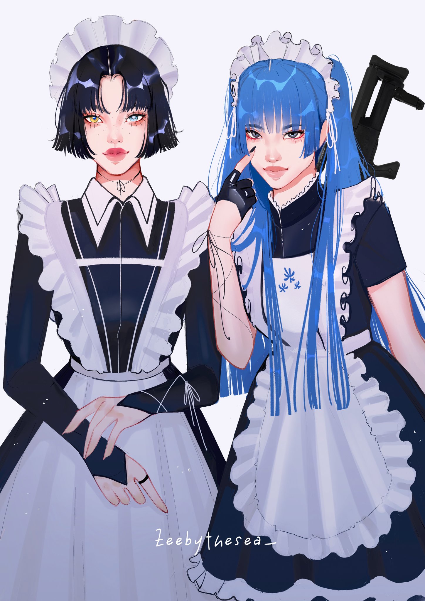 zeebythesea, original, highres, 2girls, aegyo sal, apron, arm behind back, asian, black bridal gauntlets, black hair, black nails, blue eyes, blue hair, blunt ends, bob cut, bracelet, bridal gauntlets, choppy bangs, closed eyes, collar, collared dress, cord choker, cowboy shot, dress, eyelashes, eyelid pull, eyeliner, fingerless gloves, fingernails, frilled apron, frilled collar, frilled dress, frills, gloves, gun, gun on back, half gloves, hand on own arm, heterochromia, high collar, hime cut, jewelry, light particles, light smile, long fingernails, long hair, long sleeves, looking at viewer, maid, maid apron, maid headdress, makeup, multiple girls, parted bangs, pink lips, red eyeliner, ring, short hair, short sleeves, simple background, straight hair, thick lips, twintails, weapon, weapon on back, white background, white headdress, yellow eyes