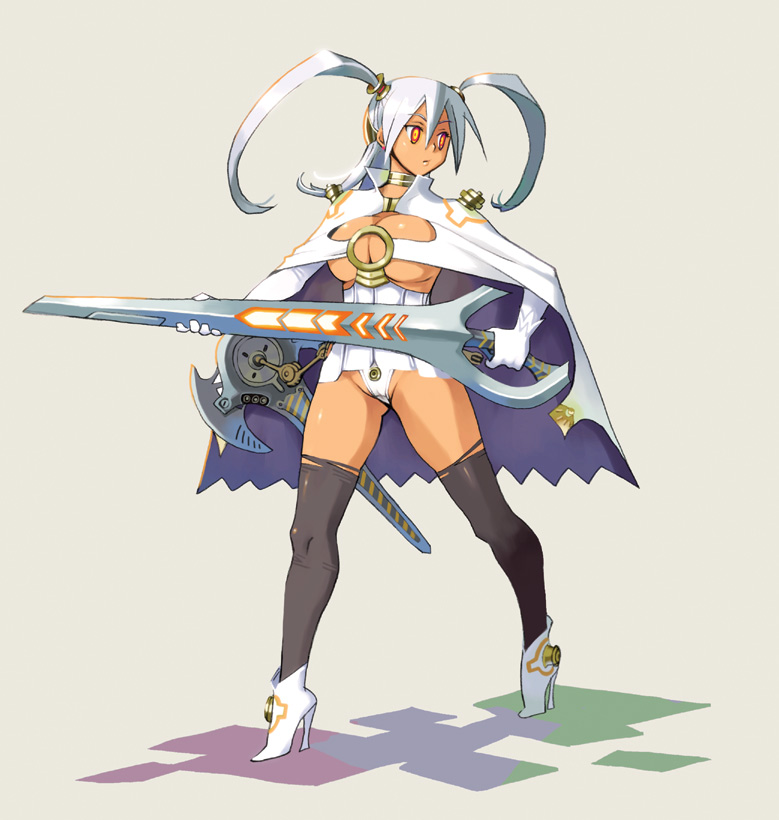 ryoji (nomura ryouji), original, silver hair, 1girl, boots, breasts, dark-skinned female, dark skin, female focus, full body, high heels, large breasts, long hair, red eyes, revealing clothes, shoes, solo, standing, sword, thighhighs, twintails, two side up, weapon