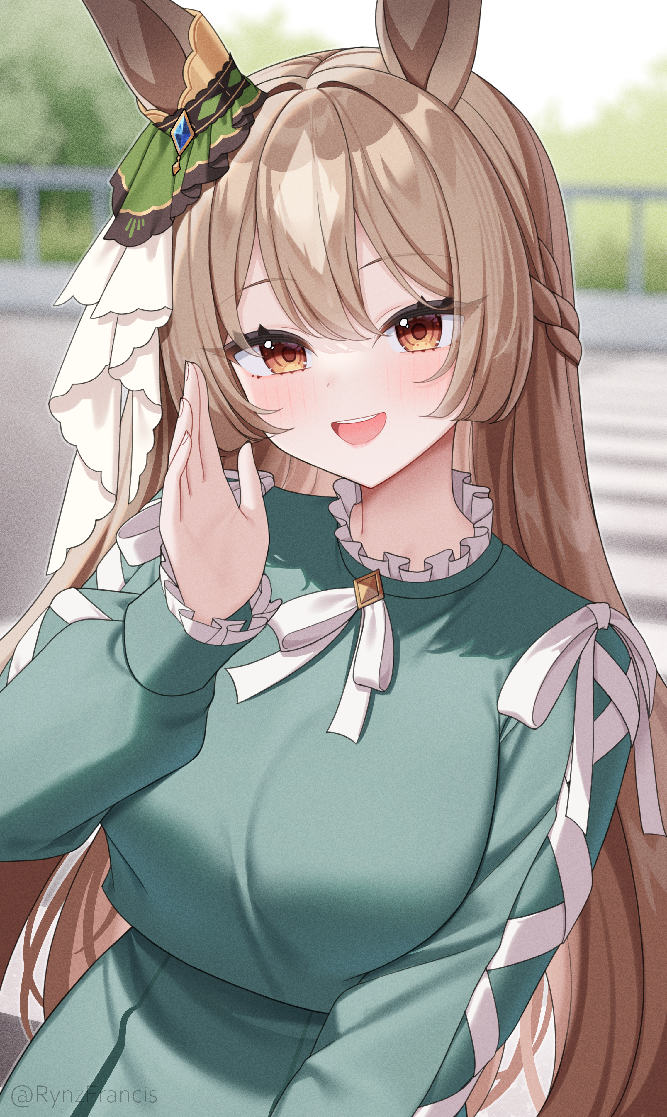 rynzfrancis, satono diamond (umamusume), umamusume, absurdres, highres, large variant set, variant set, 1girl, alternate costume, animal ears, artist name, blurry, blurry background, blush, braid, breasts, brown eyes, brown hair, diamond (shape), dress, ear ornament, green dress, hair between eyes, half up braid, hand up, horse ears, horse girl, large breasts, long hair, long sleeves, looking at viewer, neck ribbon, open mouth, ribbon, ribbon-trimmed sleeves, ribbon trim, satono diamond (casual) (umamusume), smile, solo, teeth, upper teeth only, white ribbon