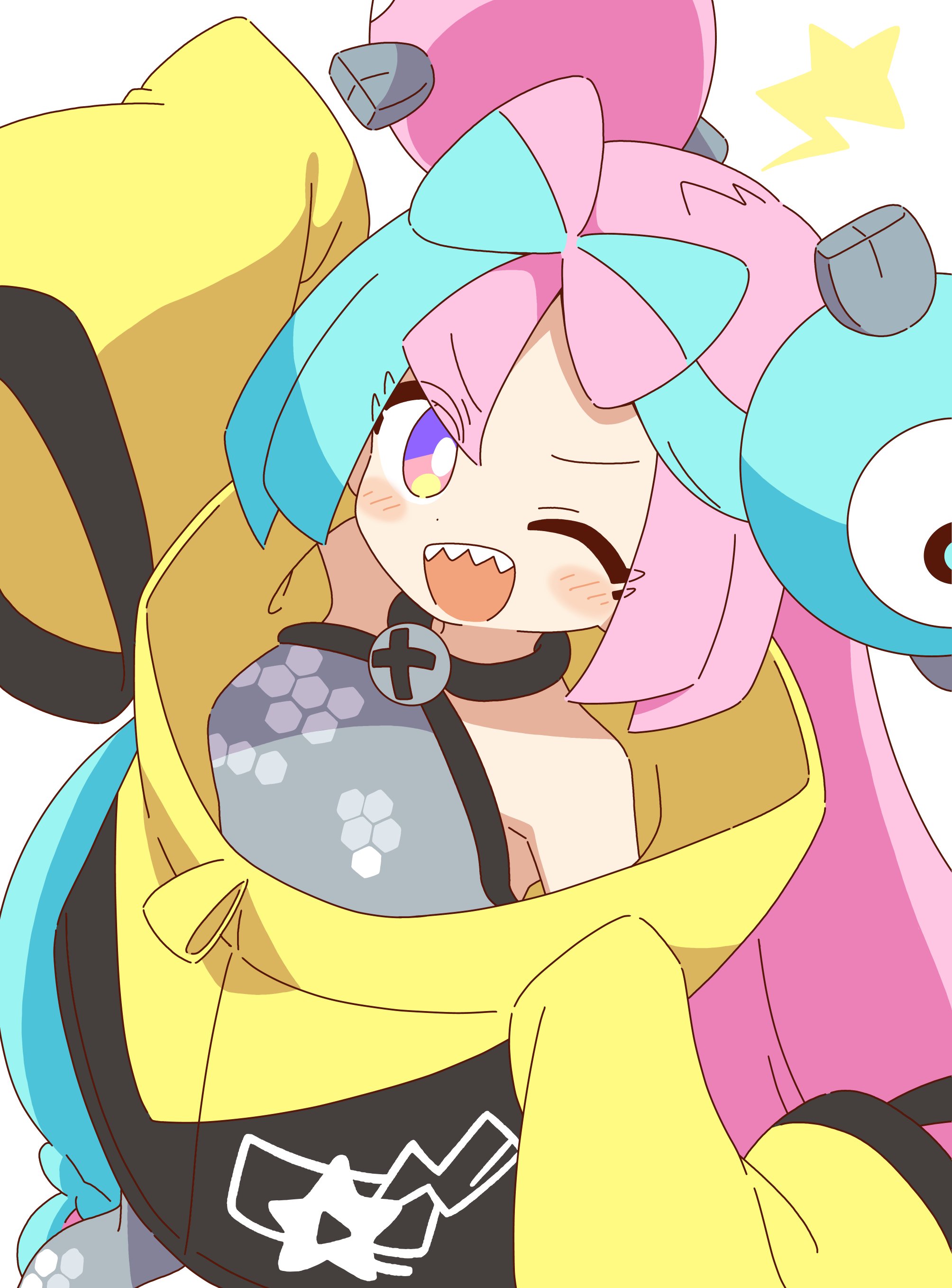 zungurimukkuri tarou, iono (pokemon), nintendo, pokemon, absurdres, commentary, highres, 1girl, ;d, bare shoulders, blue hair, blush, bow-shaped hair, character hair ornament, grey shirt, hair ornament, halter shirt, halterneck, hand up, jacket, long sleeves, looking at viewer, multicolored hair, one eye closed, open mouth, oversized clothes, pink hair, purple eyes, shirt, simple background, sleeveless, sleeveless shirt, sleeves past fingers, sleeves past wrists, smile, solo, two-tone hair, upper body, white background, yellow jacket