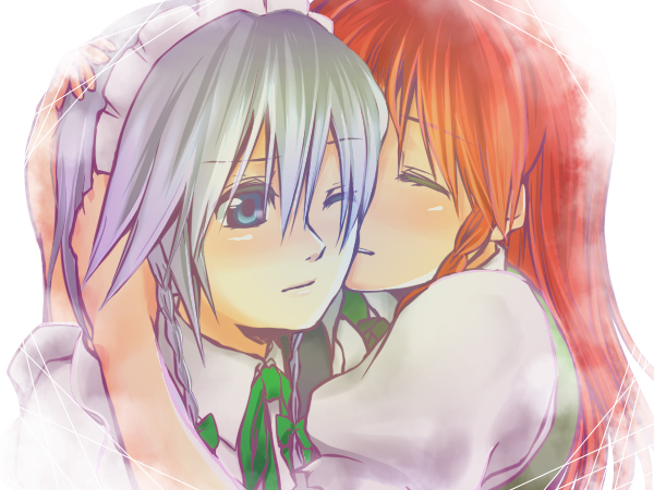 kiyohisa, toraneko, hong meiling, izayoi sakuya, embodiment of scarlet devil, touhou, silver hair, bad id, bad pixiv id, 2girls, blue eyes, braid, female focus, hug, long hair, multiple girls, red hair, short hair, white background, wink, yuri