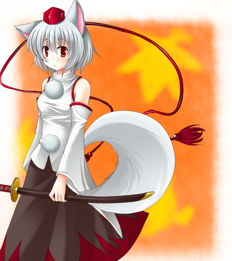 shiitake (artist), inubashiri momiji, touhou, bad id, bad pixiv id, 1girl, animal ears, female focus, hat, katana, mushroom, shiitake, solo, standing, sword, tail, weapon, wolf ears, wolf tail