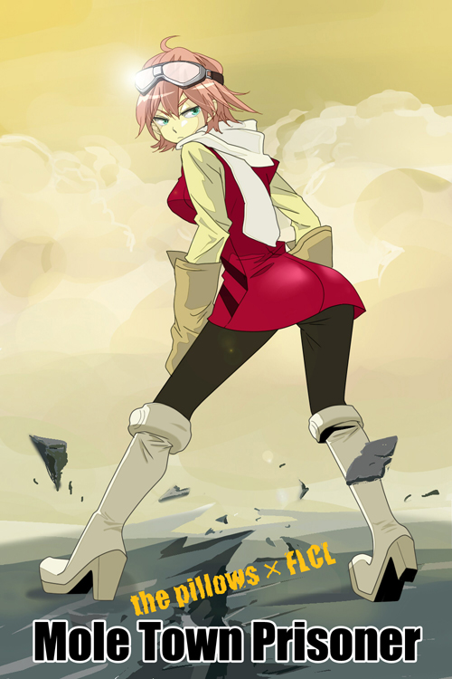 regain, haruhara haruko, flcl, 00s, 1girl, ahoge, blue eyes, boots, cloud, dress, female focus, gloves, goggles, goggles on head, pink hair, scarf, short hair, solo