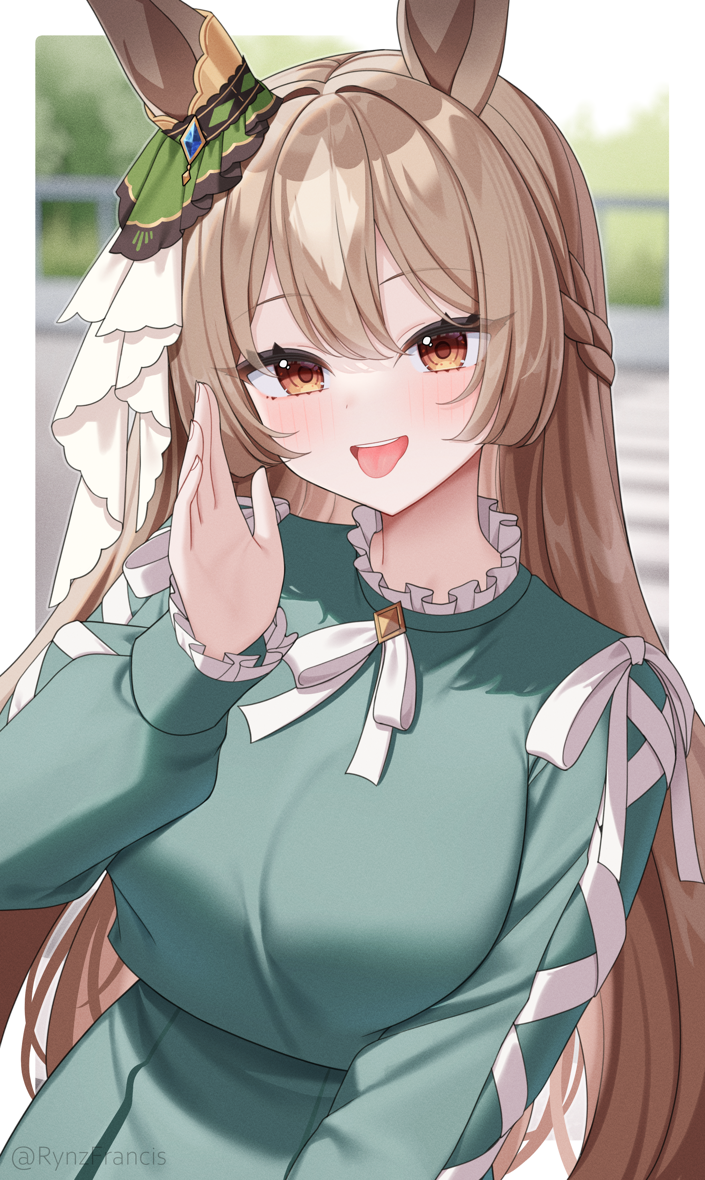 rynzfrancis, satono diamond (umamusume), umamusume, absurdres, highres, large variant set, variant set, 1girl, alternate costume, animal ears, artist name, blurry, blurry background, blush, border, braid, breasts, brown eyes, brown hair, diamond (shape), dress, ear ornament, freaky satono diamond (meme), green dress, grey dress, hair between eyes, half up braid, hand up, horse ears, horse girl, large breasts, long hair, long sleeves, looking at viewer, meme, neck ribbon, open mouth, outside border, ribbon, ribbon-trimmed sleeves, ribbon trim, satono diamond (casual) (umamusume), smile, solo, teeth, tongue, tongue out, upper teeth only, white border, white ribbon