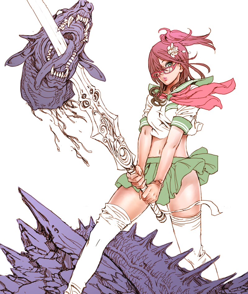 yamashita shun'ya, bad id, bad pixiv id, 1girl, dragon, female focus, glasses, green eyes, hair over one eye, holding, holding sword, holding weapon, midriff, pink hair, school uniform, serafuku, severed head, skirt, solo, sword, thighhighs, two-handed, weapon