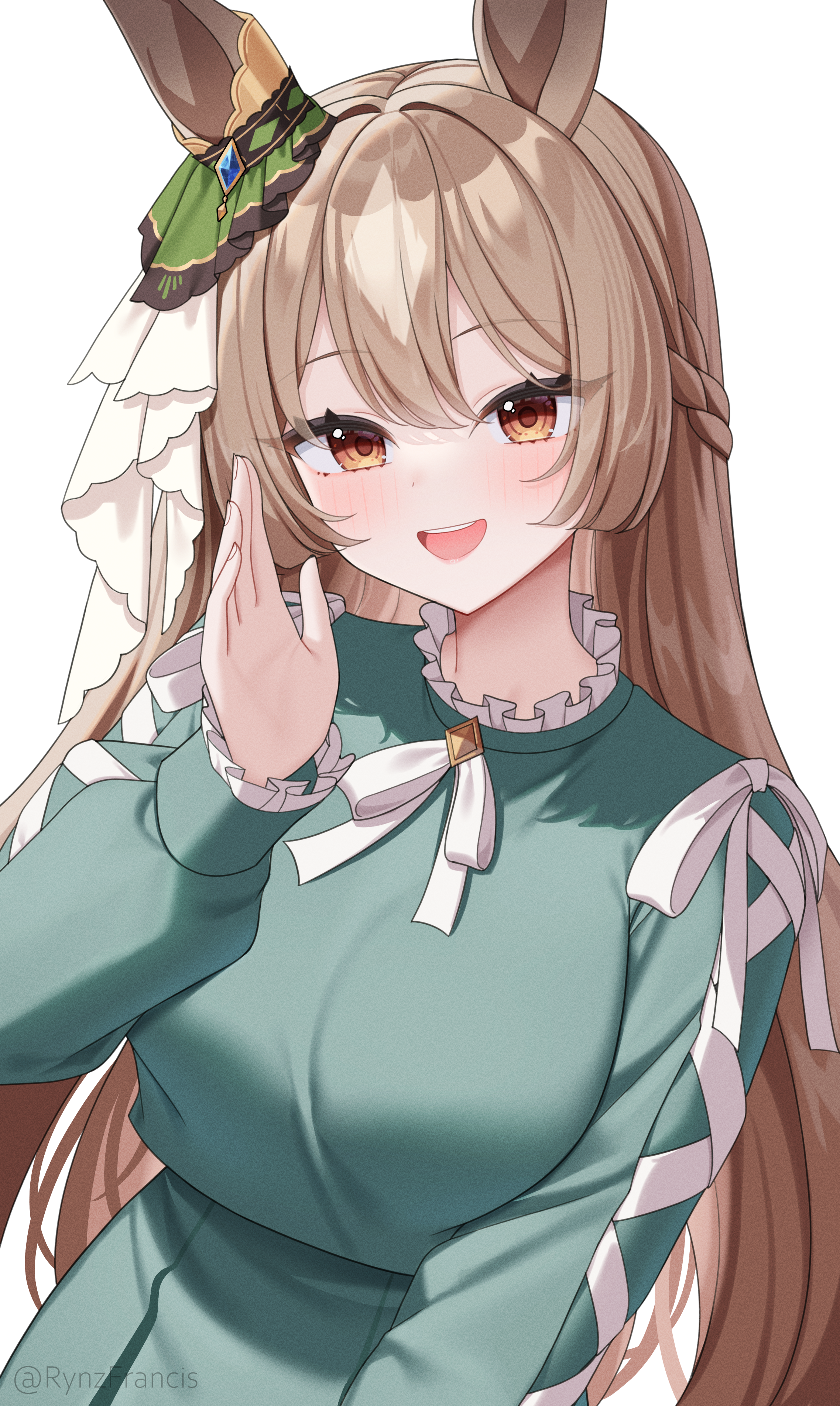 rynzfrancis, satono diamond (umamusume), umamusume, absurdres, highres, large variant set, variant set, 1girl, alternate costume, animal ears, artist name, blush, braid, breasts, brown eyes, brown hair, diamond (shape), dress, ear ornament, green dress, hair between eyes, half up braid, hand up, horse ears, horse girl, large breasts, long hair, long sleeves, looking at viewer, neck ribbon, open mouth, ribbon, ribbon-trimmed sleeves, ribbon trim, satono diamond (casual) (umamusume), simple background, smile, solo, teeth, upper teeth only, white background, white ribbon