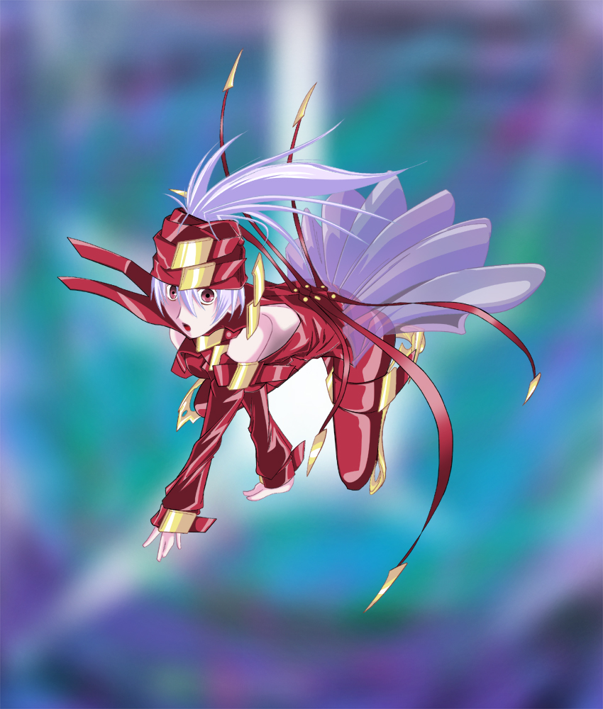 d-suke, neya, neya (mugen no ryvius), mugen no ryvius, light purple hair, 1girl, buckle, detached sleeves, female focus, red eyes, solo, strap