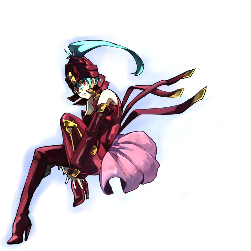 nanamura, yaichi, neya, neya (mugen no ryvius), mugen no ryvius, bad id, bad pixiv id, 1girl, blue hair, bodysuit, boots, buckle, detached sleeves, female focus, high heel boots, high heels, ponytail, red eyes, shoes, solo, strap