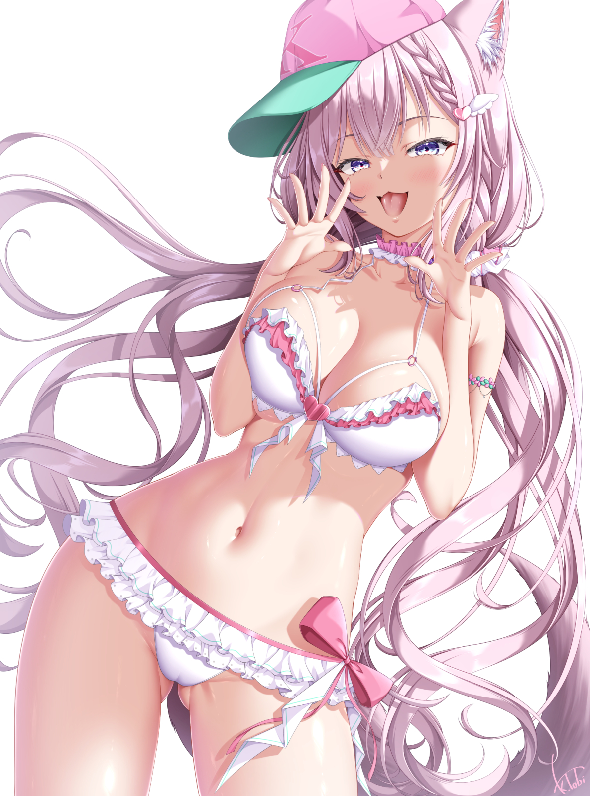 kogarashi tobi, hakui koyori, hakui koyori (summer), hololive, highres, 1girl, :3, animal ears, armlet, bare shoulders, baseball cap, bikini, blush, bow, braid, breasts, choker, collarbone, fang, frilled bikini, frilled choker, frills, gluteal fold, green hat, hair ornament, hair scrunchie, hairclip, hat, heart, heart hair ornament, jewelry, large breasts, long hair, looking at viewer, navel, open mouth, pink bow, pink hair, pink hat, pink tail, purple eyes, scrunchie, signature, simple background, skin fang, smile, solo, stomach, swimsuit, tail, thighs, tongue, twintails, two-tone choker, two-tone hat, virtual youtuber, white background, white bikini, white choker, white scrunchie, wing hair ornament, wolf ears, wolf girl, wolf tail