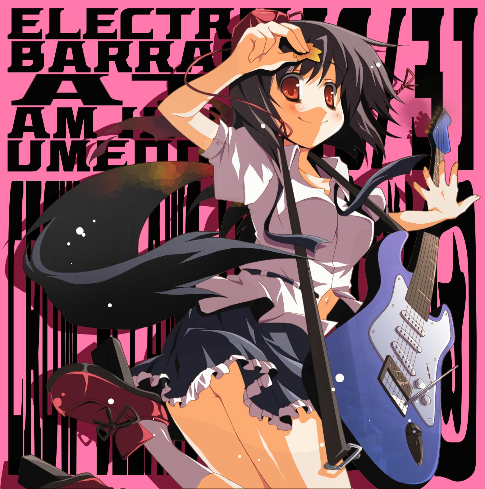utsurogi angu, shameimaru aya, touhou, highres, 1girl, black hair, black wings, english text, female focus, geta, guitar, hat, instrument, looking at viewer, no panties, purple background, short hair, skirt, smile, solo, tengu-geta, wings