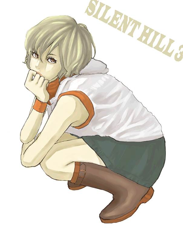 haruki-yasuda, heather mason, silent hill, silent hill (series), silent hill 3, blonde hair, boots, miniskirt, short hair, skirt, solo, squatting, vest, wristband