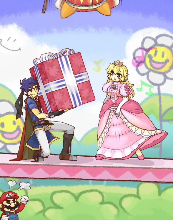 ike (fire emblem), king dedede, mario, princess peach, fire emblem, fire emblem: path of radiance, kirby (series), mario (series), nintendo, super mario bros. 1, super smash bros., 1girl, 2boys, angry, blonde hair, blue eyes, blue hair, cape, crown, dress, elbow gloves, gift, gloves, headband, holding, holding gift, long hair, multiple boys