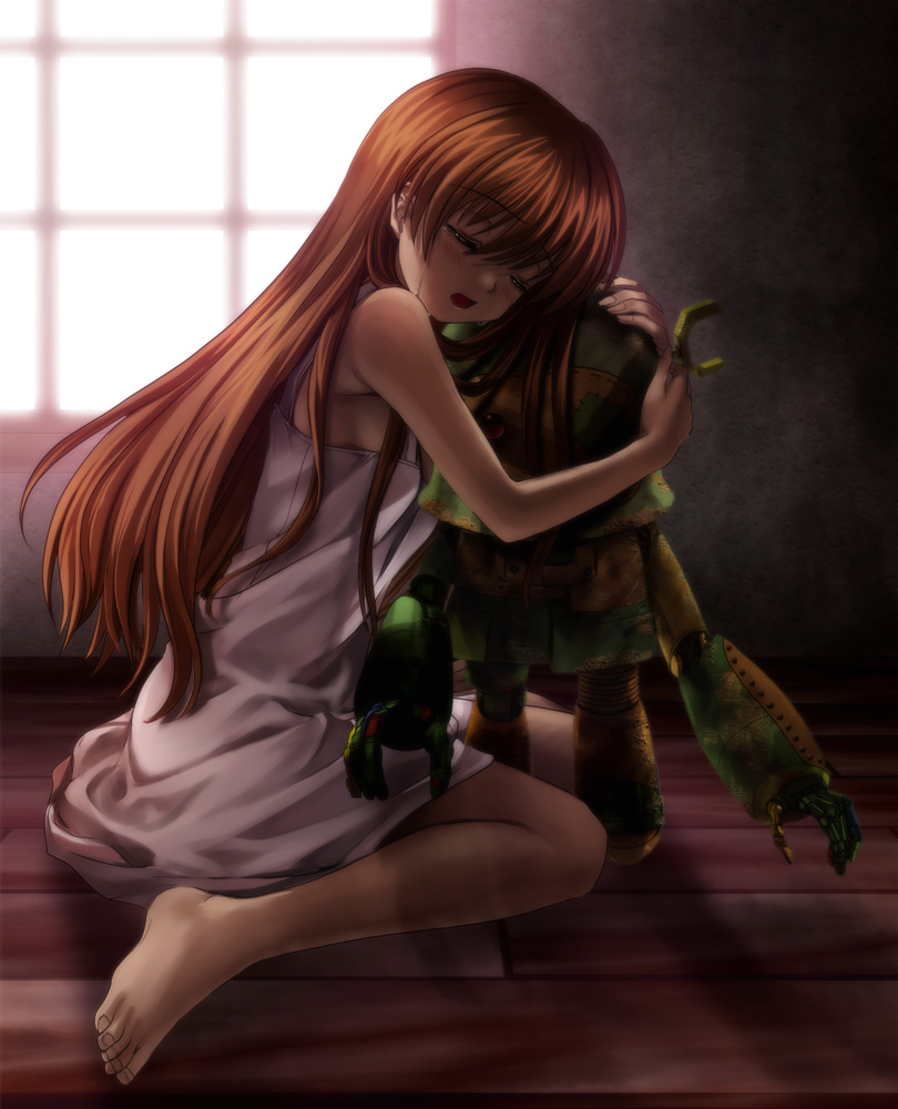 mutsuki (moonknives), garbage doll, girl from the illusionary world, clannad, key (company), 00s, 1girl, barefoot, blush, brown hair, closed eyes, dress, feet, female focus, indoors, long hair, robot, sad, solo, tears, toes