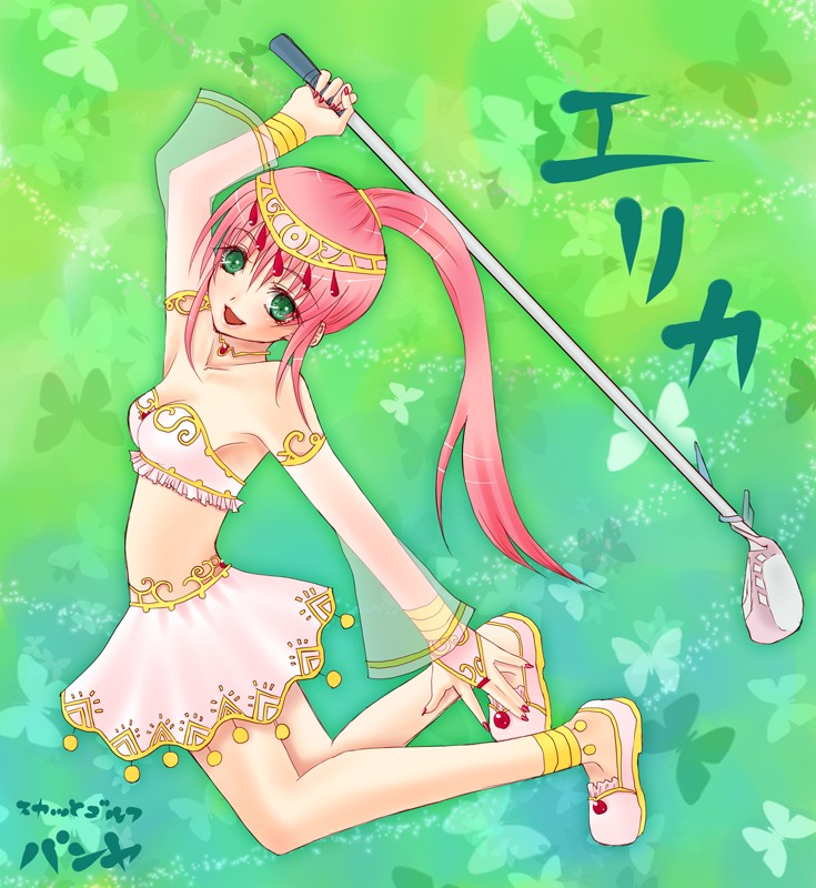 buried phantasms, hana, hana (pangya), pangya, 1girl, female focus, golf club, green eyes, long hair, no socks, pink hair, ponytail, see-through clothes, solo