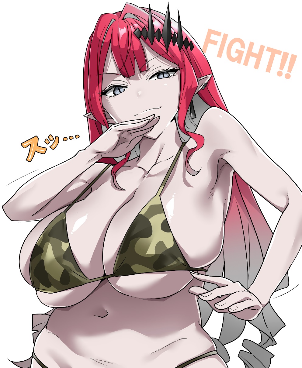 nabe taro, baobhan sith (fate), fate/grand order, fate (series), highres, 1girl, bare shoulders, bikini, breasts, camouflage, camouflage bikini, cleavage, green bikini, grey eyes, huge breasts, long hair, looking at viewer, navel, pink hair, pointy ears, sidelocks, smile, solo, swimsuit, tiara