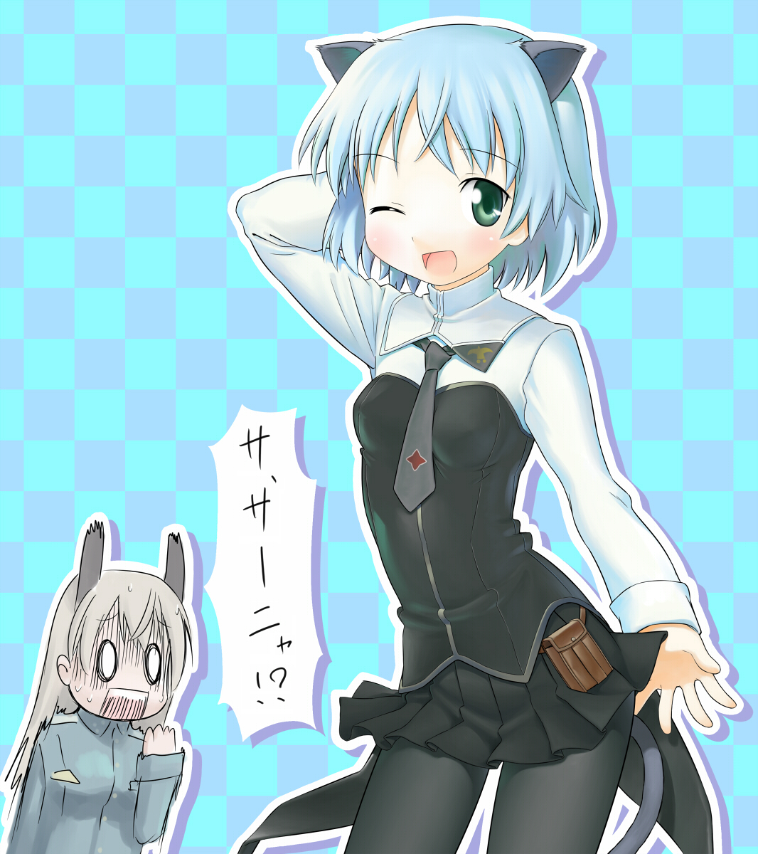 kinniku tarou, eila ilmatar juutilainen, sanya v. litvyak, strike witches, world witches series, highres, translated, 00s, 2girls, animal ears, black pantyhose, green eyes, multiple girls, pantyhose