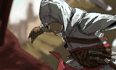 tanu, altair ibn la-ahad, assassin's creed, assassin's creed (series), lowres, 1boy, assassin, gloves, hood, knife, male focus, oekaki, robe, solo, vambraces, weapon