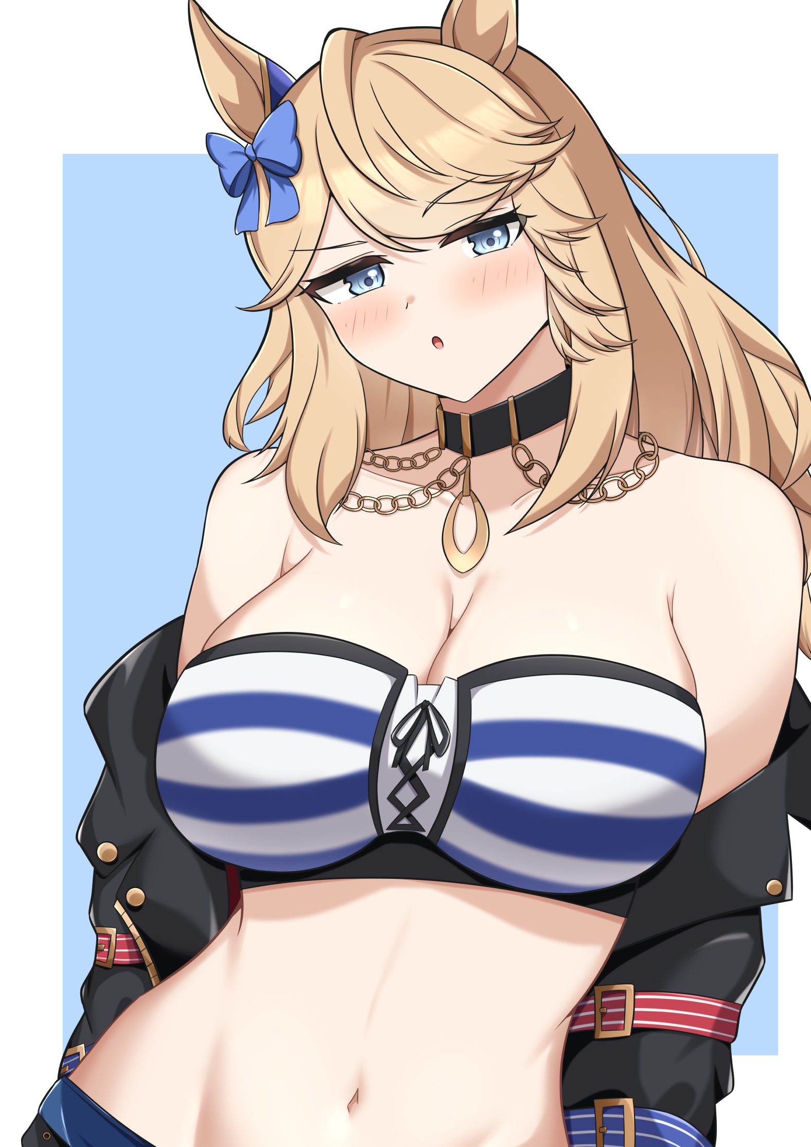 arn7, gold city (umamusume), umamusume, commentary request, highres, 1girl, :o, animal ears, bandeau, bare shoulders, black choker, blonde hair, blue bow, blue eyes, bow, breasts, choker, cleavage, hair bow, horse ears, large breasts, long hair, looking at viewer, midriff, navel, off shoulder, parted lips, solo, stomach, strapless, striped bandeau, tube top, upper body