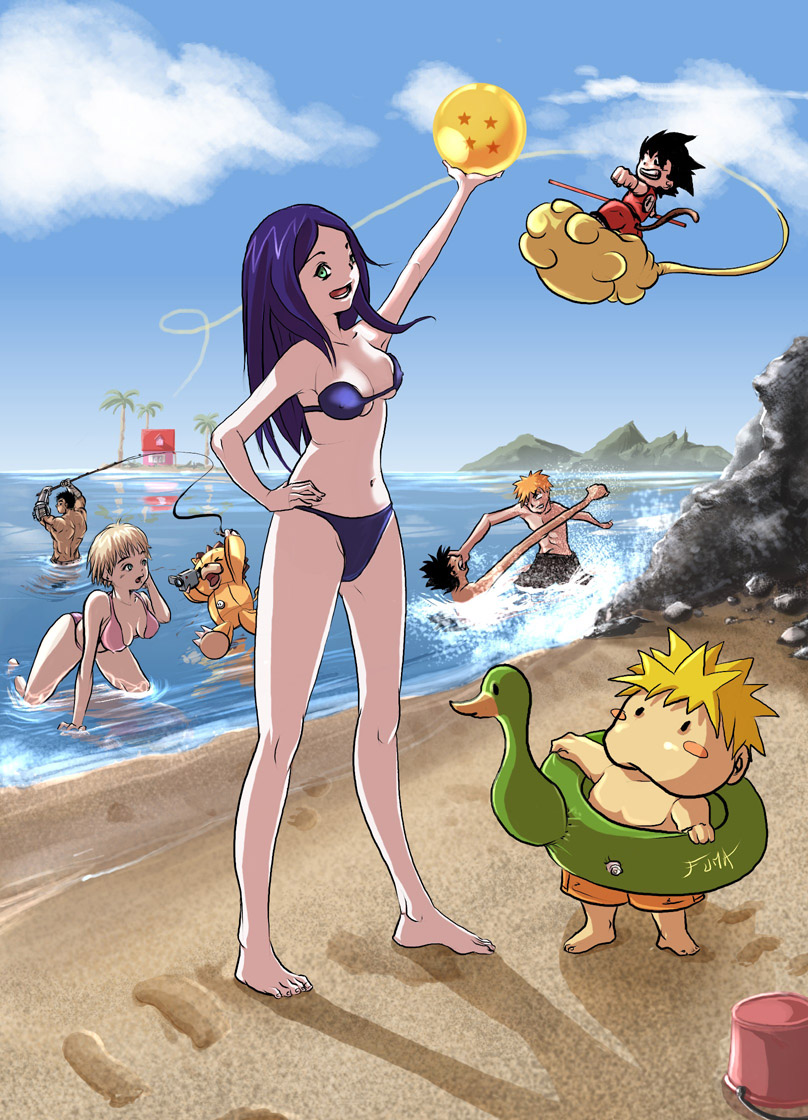 luffie, amano ginji, flying nimbus, guts (berserk), kon (bleach), kuga natsuki, kurosaki ichigo, monkey d. luffy, nishino tsukasa, son goku, berserk, bleach, dragon ball, getbackers, ichigo 100%, my-hime, one piece, shounen jump, annotated, annotation request, artist request, character request, 00s, 1990s (style), 2girls, 5boys, barefoot, beach, bikini, bikini top only, black hair, blonde hair, blue eyes, blue hair, blush, blush stickers, breasts, brown hair, camcorder, camera, cleavage, closed eyes, cloud, company connection, crossover, day, dragon ball (object), fighting, fishing, floating, flying, green eyes, house, innertube, island, kame house, large breasts, long hair, medium breasts, mountain, multiple boys, multiple girls, muscular, navel, open mouth, orange hair, outdoors, palm tree, retro artstyle, rock, rubber, ruyi jingu bang, sand, short hair, sky, smile, spiked hair, stretching, swim ring, swimsuit, topless male, tree, video camera, water