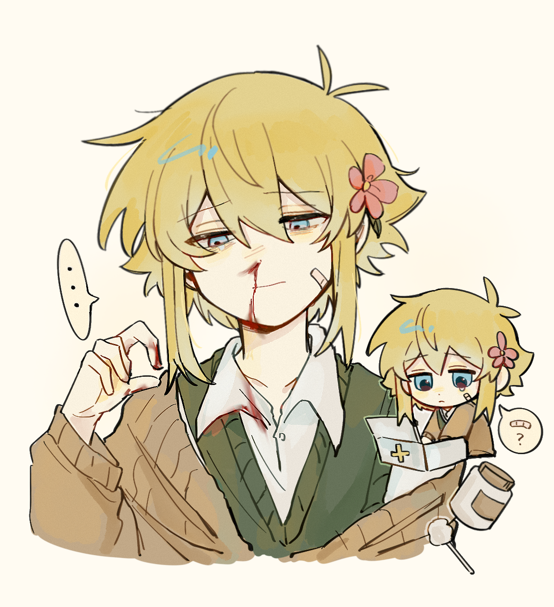 gongs0313, basil (faraway) (omori), basil (omori), omori, chinese commentary, commentary request, highres, …, 1boy, ?, antenna hair, bandaid, blonde hair, blood, blood on clothes, blood on face, blue eyes, closed mouth, collarbone, collared shirt, double-parted bangs, green sweater vest, hair between eyes, male focus, nosebleed, shirt, short hair, sidelocks, simple background, solo, speech bubble, spoken ellipsis, sweater vest, white shirt