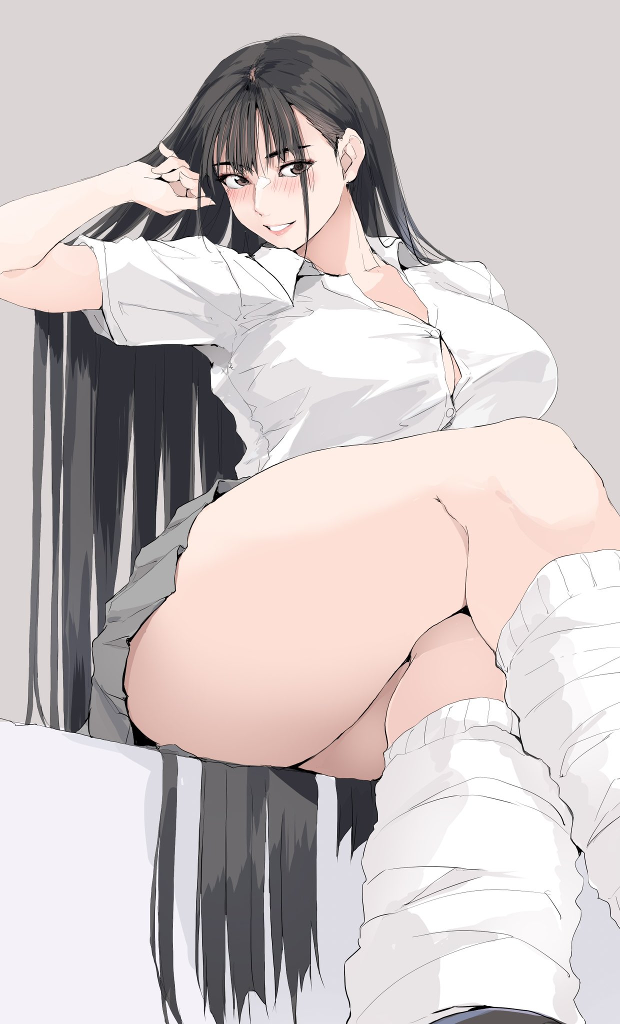 zekkyon, original, highres, 1girl, black hair, blush, breasts, brown eyes, button gap, cleavage, collared shirt, crossed legs, eyes visible through hair, feet out of frame, green skirt, grey background, grin, hand in own hair, large breasts, lips, long hair, looking at viewer, loose socks, miniskirt, pleated skirt, school uniform, shirt, short sleeves, simple background, sitting, skirt, smile, socks, solo, straight hair, thick thighs, thigh focus, thighs, very long hair, white socks, wing collar